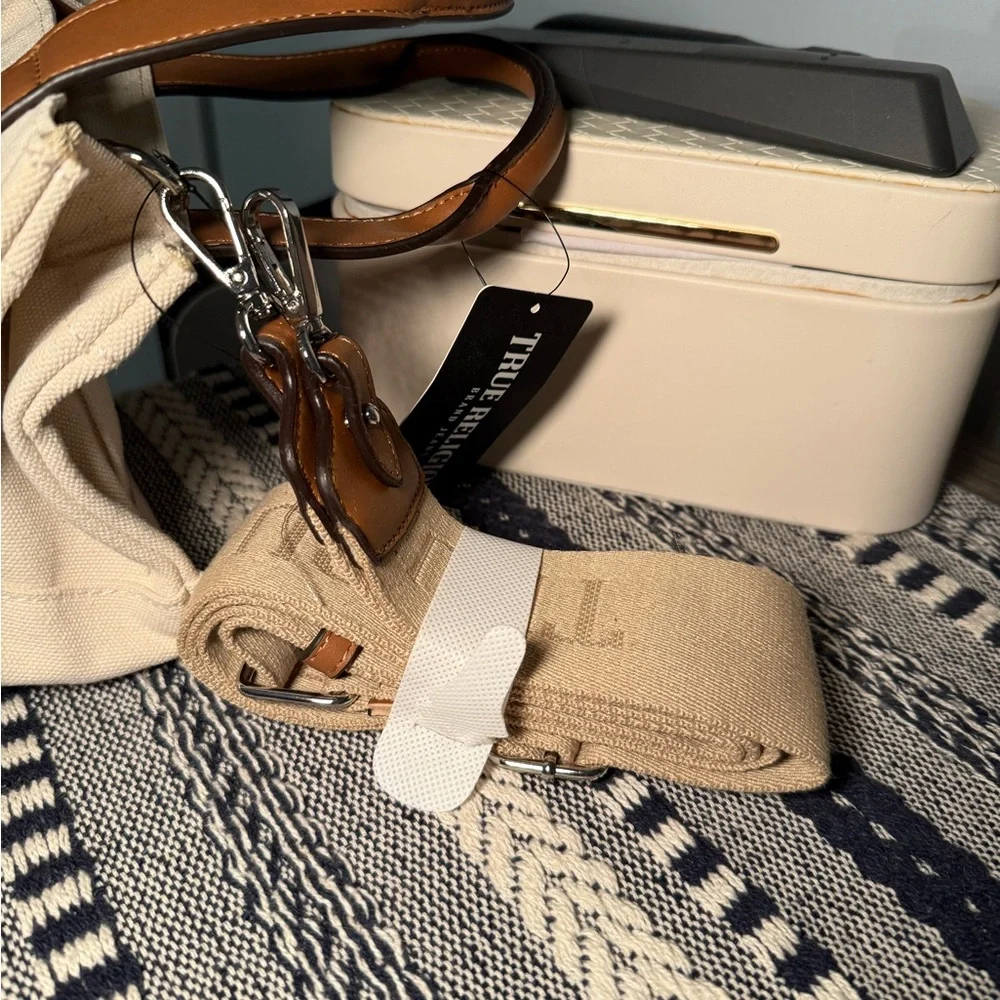 True Religion Natural Canvas Tote with Brown Accents